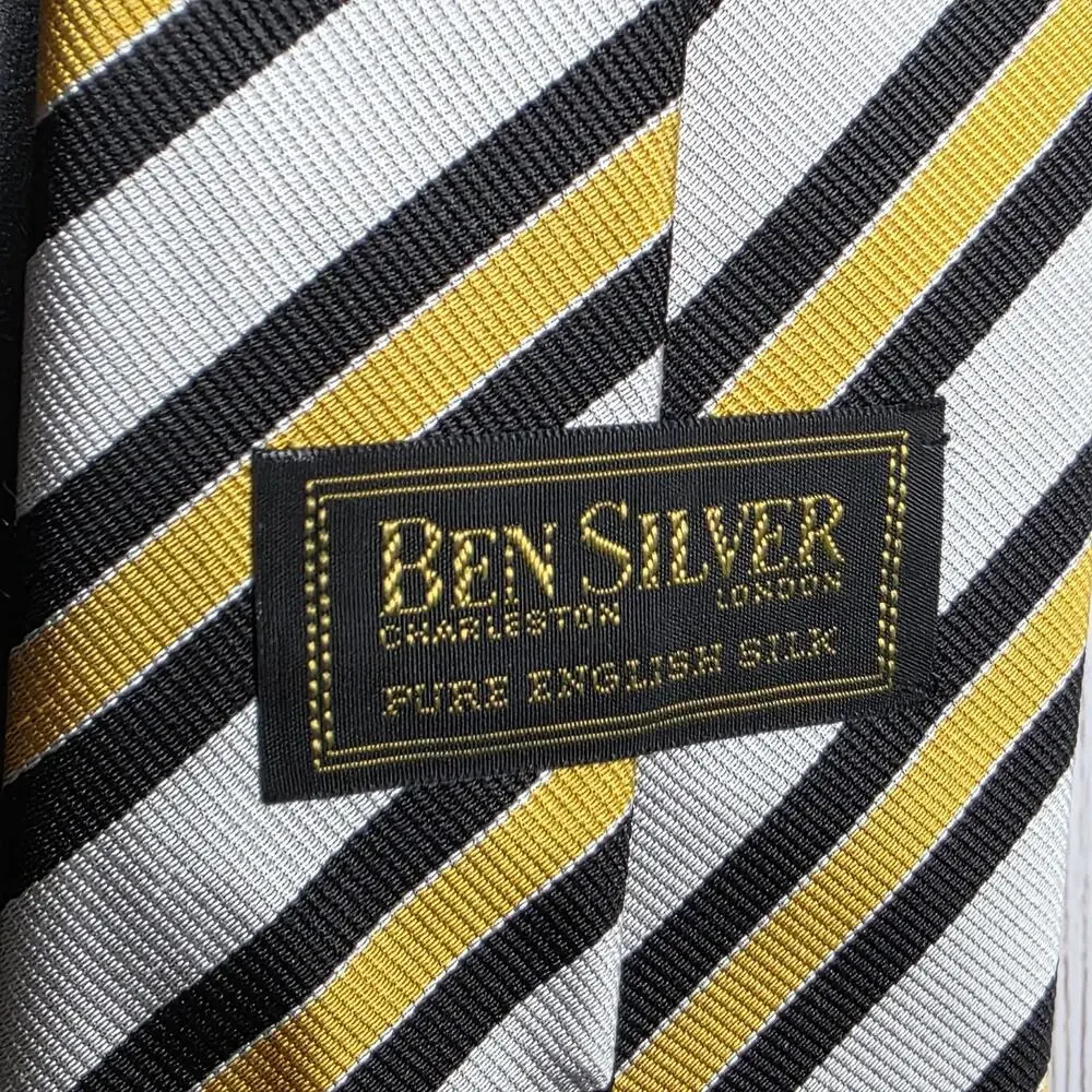 Ben Silver Pure English Silk Regimental Stripe Tie Silver Black Gold 61.5